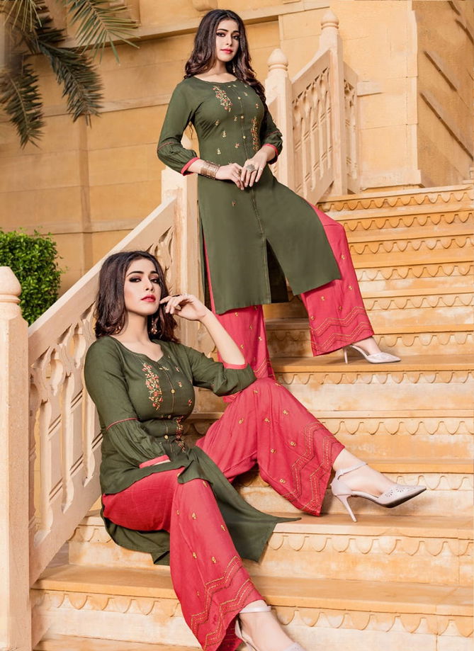 Chemistry Rayon Designer Embroidered Party Wear Plazzo Kurti Collection 4001-4007